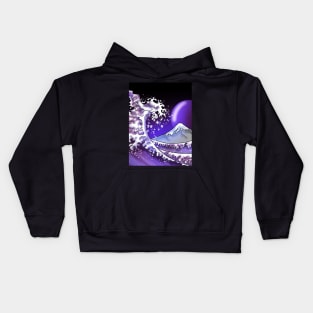 Big wave, Mount Fuji, and a purple moon Kids Hoodie